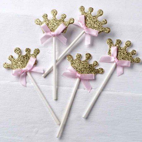 Pic corona dorada y lazo rosa para decorar cupcakes