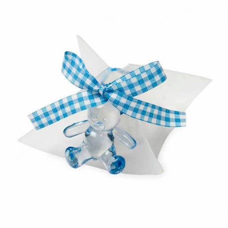 Caja con peladillas de chocolate, decorada con un osito azul y lazo