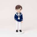 Niño marinero con camisa azul y pantalón blanco, muñeco para comunión