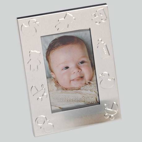 Marco de fotos de metal, decorado con motivos de bebé. Recuerdo para bautizo