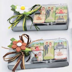 Set 5 imanes escenas boda en caja con caramelos y pinza flor