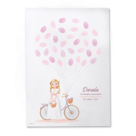 Láminas para huellas y firmas niña Primera Comunión en bicicleta