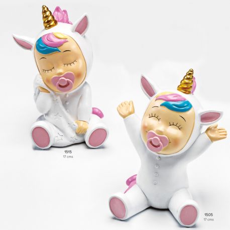 Figura hucha Bebé unicornio detalles rosas, 2 modelos