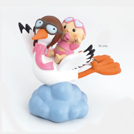 Figura cigüeña con Bebé gafitas rosa volando, figura para tarta de bautizo o baby shower