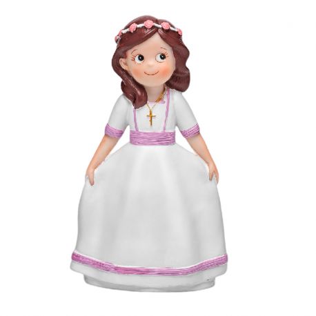 Figura para tarta o pastel de Comunión, niña con vestido blanco y detalles en violeta