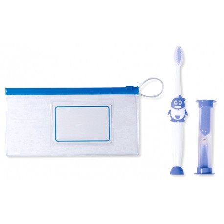 Bolsa con cepillo de dientes infantil y reloj de arena. Color azul