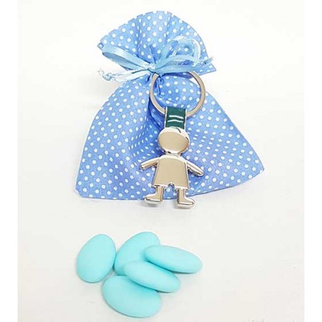 Llavero de metal, silueta niño en bolsa azul, con topos, y peladillas