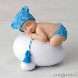 Figura para bautizo niño bebé azul durmiendo sobre huevo