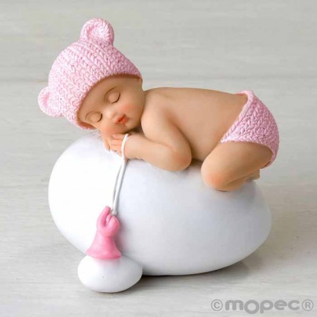 Figura de tarta para bautizo niña bebé rosa durmiendo sobre huevo