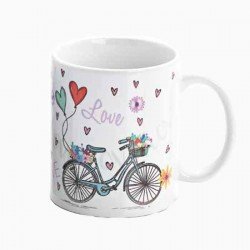 Taza regalo para Boda, decorada con bicicletas y corazones