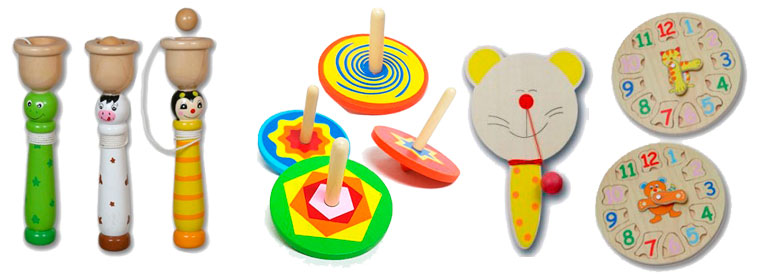 Detalles infantiles en madera. Peonzas con colores llamativos, divertidos puzzles , original raqueta con elastico y pelotita...